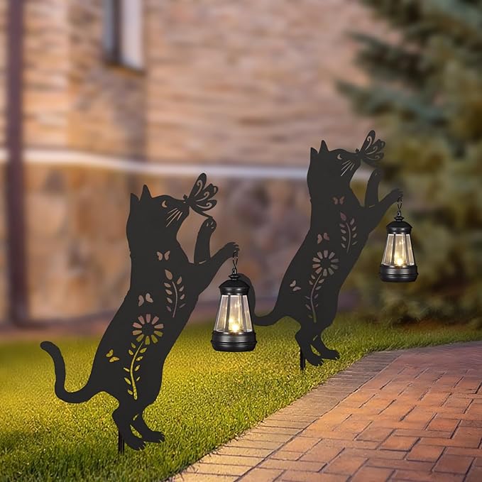 Solar Garden Stake Decorative Lantern for Outdoor, 2 Pack Metal Cat Silhouette Lights for Lawn, Pathway, Patio, Yard Outdoor Decor Gifts for Women Mom and Grandma