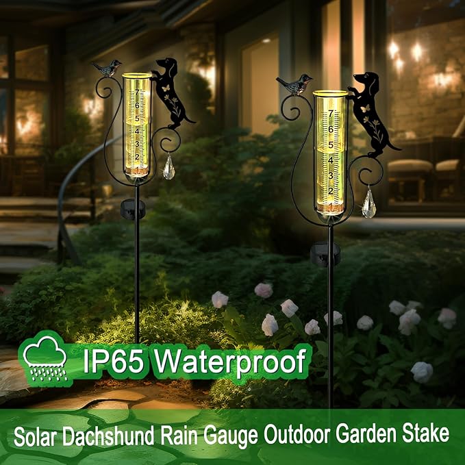 Dachshund Dog Rain Gauge Outdoor,Solar Powered Decorative Metal Dog and Bird Garden Stakes,Rain Gauges for Yard,Pathway,Lawn