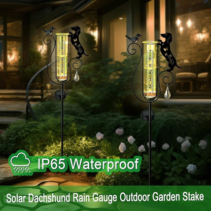 Dachshund Dog Rain Gauge Outdoor,Solar Powered Decorative Metal Dog and Bird Garden Stakes,Rain Gauges for Yard,Pathway,Lawn