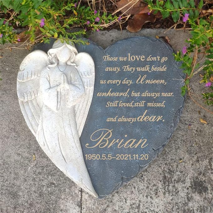 Personalized Garden Memorial Stones for Loved Ones Outside, Angel Memorial Stones Plaques Engraved with Name - Customized Grave Plaques Headstones for Cemetery(Heart)