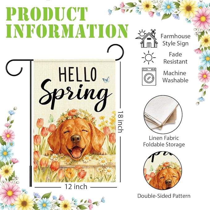 Hello Spring Golden Retriever Dog Garden Flag,Smiling Golden Retriever Spring Garden Flag for Outside Porch Lawn Yard Flags for Outdoor Decorations 12x18 Inch Double Sided