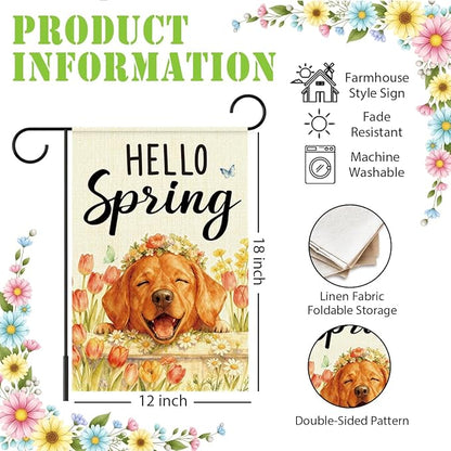 Hello Spring Golden Retriever Dog Garden Flag,Smiling Golden Retriever Spring Garden Flag for Outside Porch Lawn Yard Flags for Outdoor Decorations 12x18 Inch Double Sided