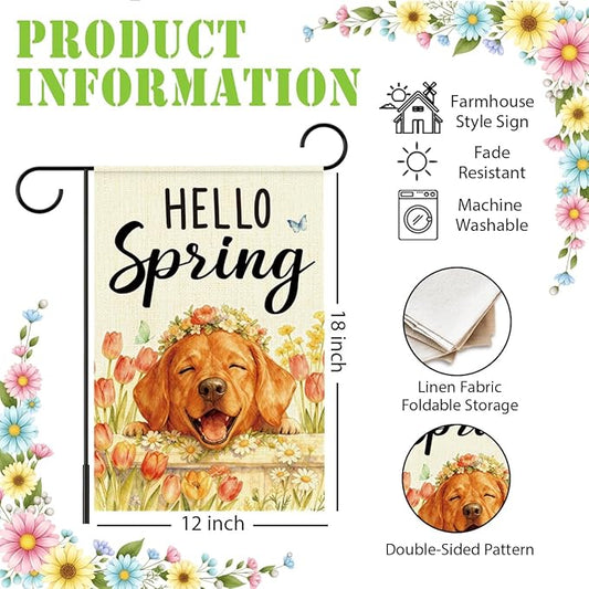 Hello Spring Golden Retriever Dog Garden Flag,Smiling Golden Retriever Spring Garden Flag for Outside Porch Lawn Yard Flags for Outdoor Decorations 12x18 Inch Double Sided