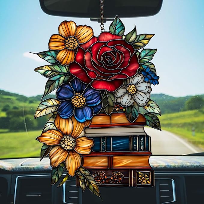 Floral Books Stack Acrylic Suncatcher Stained Glass Effect Window Car Hanging Christmas Ornament Indoor Outdoor Decor Garden Sun Catcher Panel for Book Lover for Women Mom Grandma