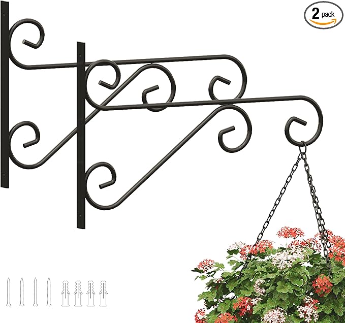 PROWORX 2 Pack 16 Inch Plant Hangers Outdoor Bracket, Indoor Wall Mount Metal Heavy Duty Rust-Resistant Bird Feeder Plant Hooks for Hanging Planters, Flower Baskets, Black