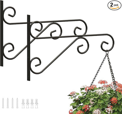 PROWORX 2 Pack 16 Inch Plant Hangers Outdoor Bracket, Indoor Wall Mount Metal Heavy Duty Rust-Resistant Bird Feeder Plant Hooks for Hanging Planters, Flower Baskets, Black