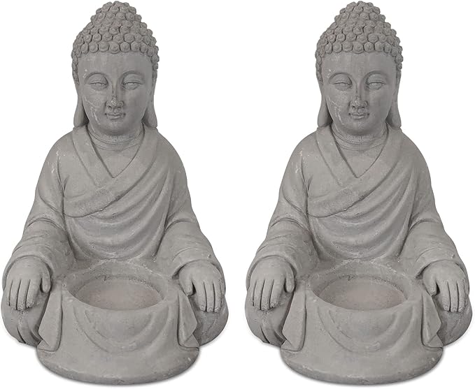 Kante 6.5" H Set of 2 Cement Composite Sitting Buddha Statues Ornament, Natural Concrete Indoor/Outdoor Tabletop Décor