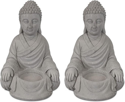 Kante 6.5" H Set of 2 Cement Composite Sitting Buddha Statues Ornament, Natural Concrete Indoor/Outdoor Tabletop Décor