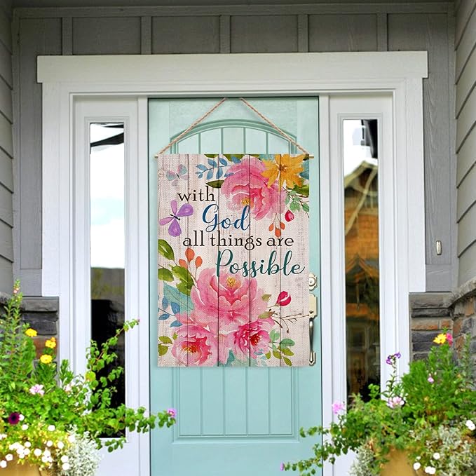 Artofy with God all Things are Possible Christian Home Decorative House Flag, Spring Summer Garden Yard Religious Outdoor Peony Flower, Inspirational Butterfly Outside Farmhouse Large Decor 28 x 40