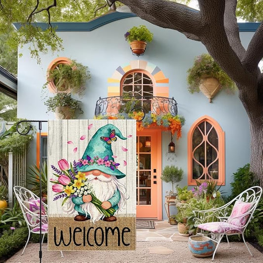 Welcome Garden Flag 12x18 Inch Double Sided with Spring Gnome, Butterfly, Tulips, Daffodils, and Floral Bouquet for Outdoor Yard Decoration