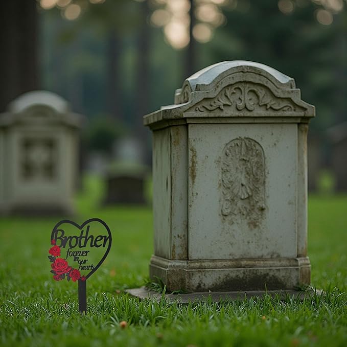 AIM & GGKK Memorial Stake for Brother - Metal Heart Grave Marker with Red Roses, Memorial Plaque Cemetery Decor for Grave, Garden, Gravesite