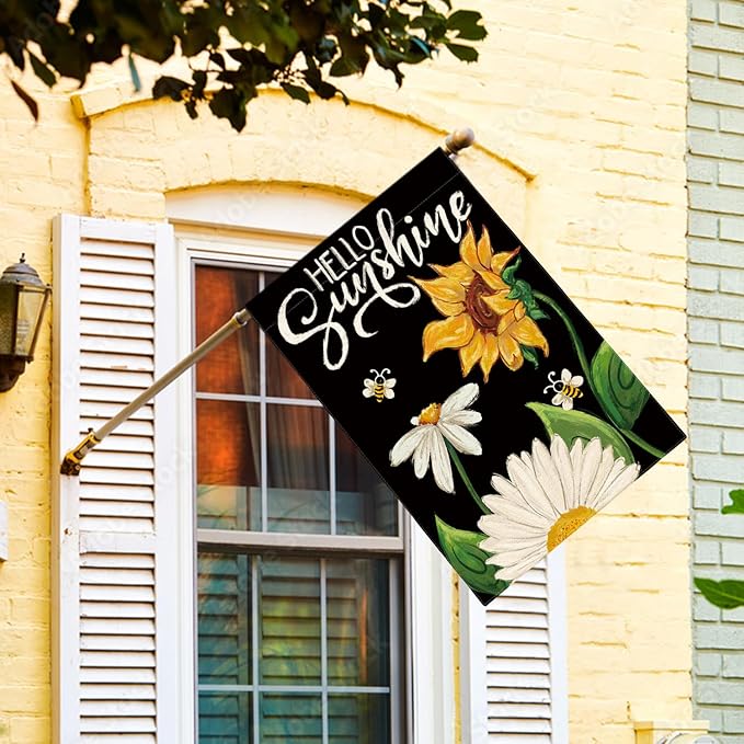 AVOIN colorlife Daisy Sunflower Hello Sunshine House Flag 28x40 Inch Double Sided, Summer Seasonal Holiday Burlap Yard Outdoor Decoration Black