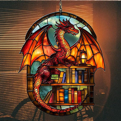Books and Dragon Acrylic Suncatcher Stained Glass Effect Window Car Hanging Christmas Ornament Indoor Outdoor Decor Garden Sun Catcher Panel for Book Lover for Women Mom Grandma