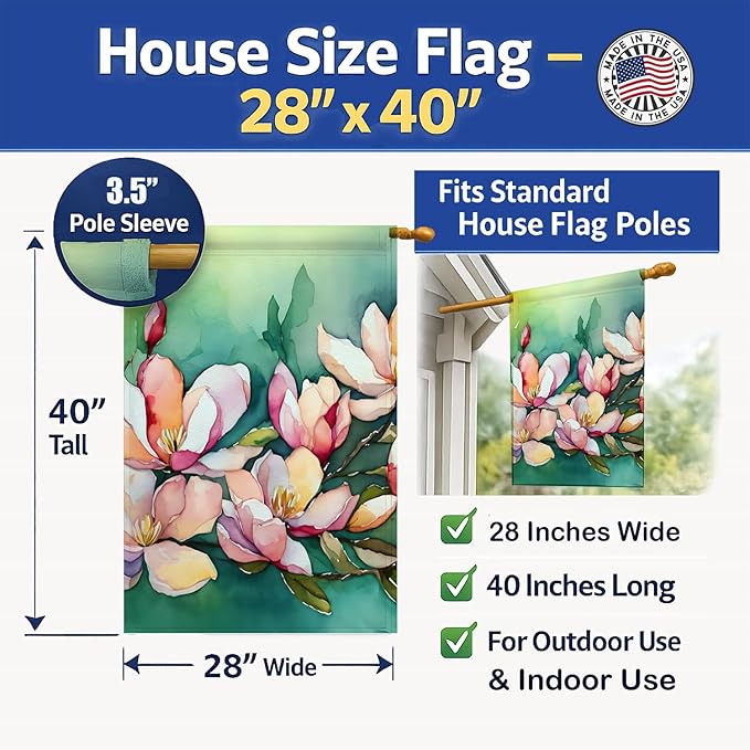 Caroline's Treasures Louisiana Magnolias in Watercolor House Flag Large Porch Sleeve Pole Decorative Outside Yard Banner Artwork Wall Hanging, Polyester, House Size, Multicolor