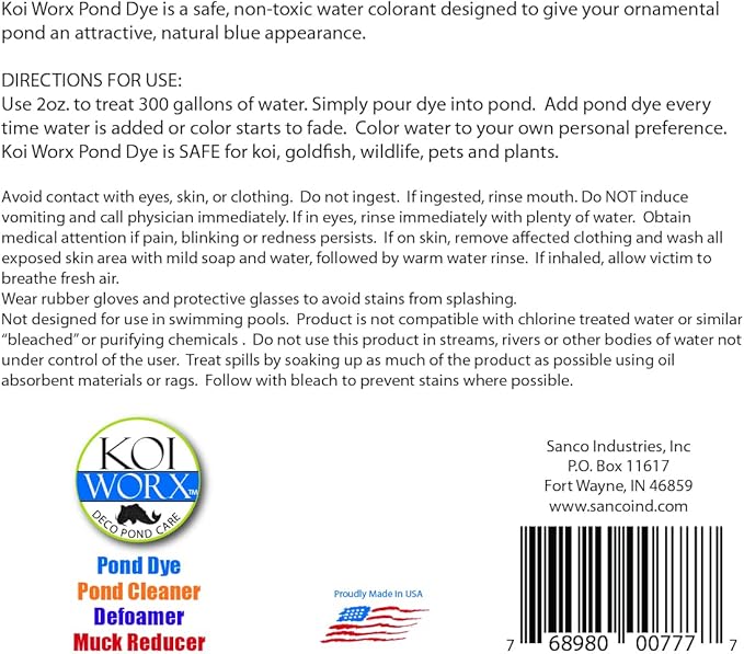 KoiWorx Blue Dye - Ornamental and Decorative Pond Dye, Water Features and Fountains, Safe for Koi - 16oz