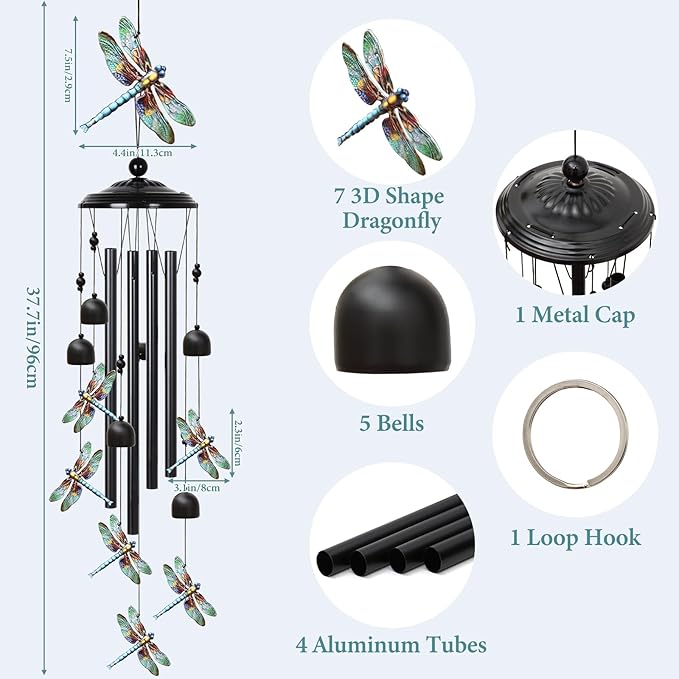 Dragonfly Wind Chimes Outdoor with 4 Aluminum Tubes 36" Decorative Dragonfly Gifts for Women Rustic Design Hanging Wind Chime for Outside with Ring Home Decor for Garden Patio Yard Window