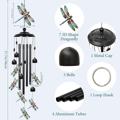 Dragonfly Wind Chimes Outdoor with 4 Aluminum Tubes 36" Decorative Dragonfly Gifts for Women Rustic Design Hanging Wind Chime for Outside with Ring Home Decor for Garden Patio Yard Window