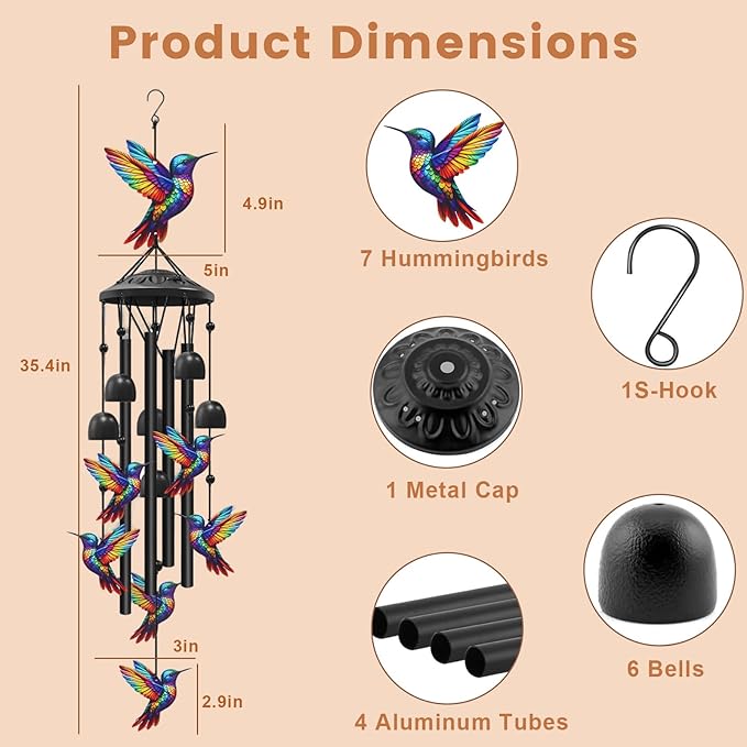 AVEKI Metal Hummingbird Wind Chimes for Outside, Gifts for Women Mother's Day Birthday Christmas, Black Wind Chime with 7 Hummingbirds, Outdoor Windchimes Decor for Garden Patio (Hummingbird)
