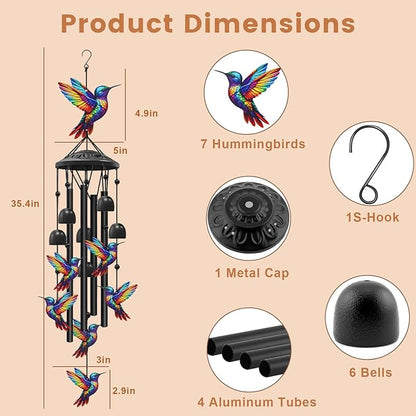 AVEKI Metal Hummingbird Wind Chimes for Outside, Gifts for Women Mother's Day Birthday Christmas, Black Wind Chime with 7 Hummingbirds, Outdoor Windchimes Decor for Garden Patio (Hummingbird)