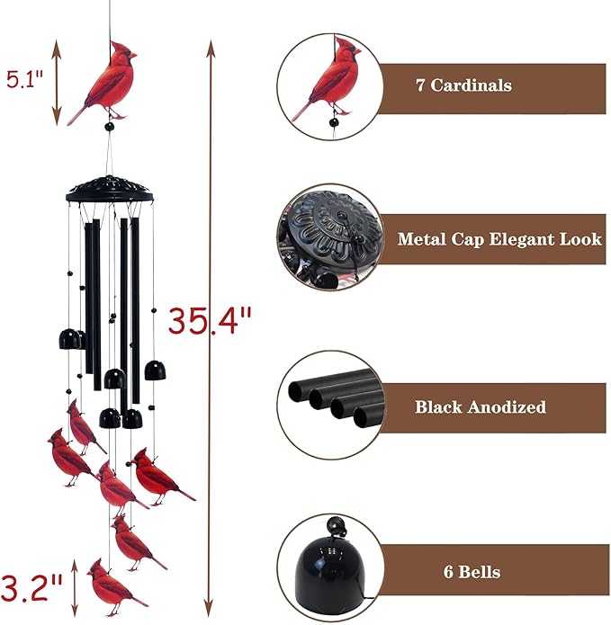 Cardinal Black Metal Wind Chimes for Outside, Memorial Garden Decor, Outdoor Windchimes, Decorative Cardinal Gifts for Women and Men (Cardinal)