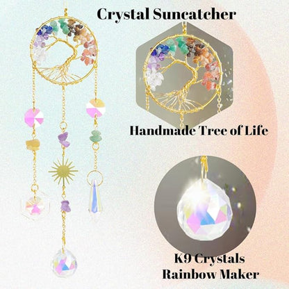 Crystal Sun Catcher, 7 Chakra Tree of Life Crystal Suncatcher Hanging for Indoor Window, Dream Catchers for Car, Spiritual, Rainbow Maker, Garden Home Decor