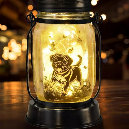 Pug Dog Gifts for Women/Men Pug Dog Solar Lanterns Mom Birthday Gift Pet Loss Lantern Pet Memorial Lights Solar Garden Decoration for Yard, Patio,Backyard,Porch Torches