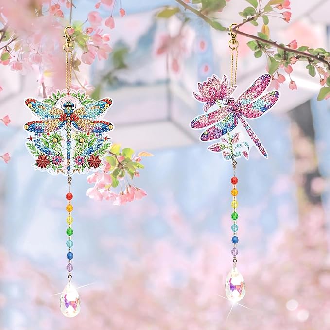MVVMTOP 2pcs Diamond Art Painting Wind Chime with Crystal Pendant, DIY Dragonfly Double-Sided Design Special Shape Acrylic Crystal Diamond Art Ornament, Home Window Garden Hanging Pendant Decoration