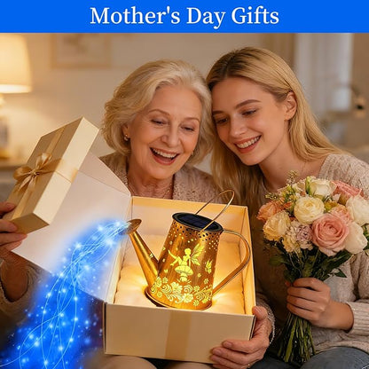 YJFWAL Solar Watering can with Lights, Gardening Gifts for Mothers Day Mom Grandma Women Birthday, Waterproof Watering Can with Cascading Lights Outdoor Decor for Garden Patio Yard Pathway (Blue)