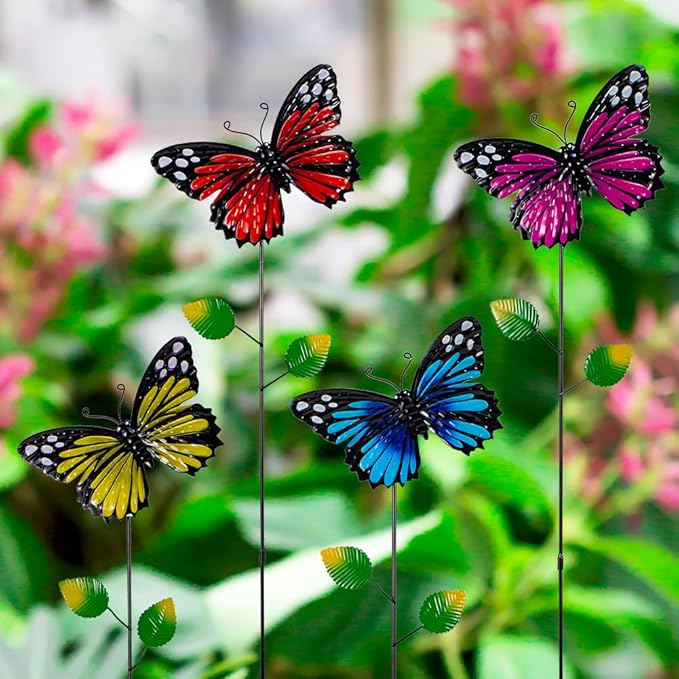 4 Pack Butterfly Decorative Garden Stakes,Metal Colorful Butterfly Garden Decor,Yard Art Spring Decor for Outdoor Porch Lawn Pathway