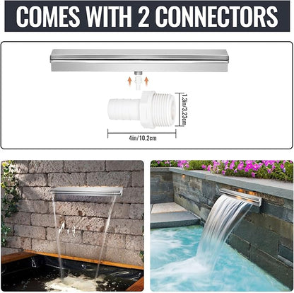 Pool Waterfall Fountains, Stainless Steel Rectangular Pool Waterfall Spillway with Pipe Connector for Indoor/Outdoor Decorative (11.8 Inch)