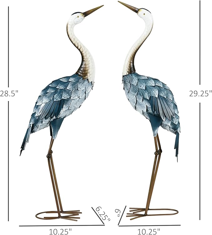 Outsunny Crane Garden Statues, 28.5" & 29" Standing Bird Sculptures, Metal Yard Art Decor for Lawn, Patio, Backyard, Landscape Decoration Set of 2, Blue & White