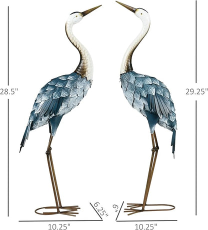 Outsunny Crane Garden Statues, 28.5" & 29" Standing Bird Sculptures, Metal Yard Art Decor for Lawn, Patio, Backyard, Landscape Decoration Set of 2, Blue & White