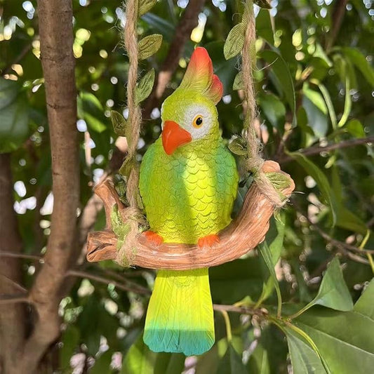 Garden Decor Resin Parrot，Hanging Yard Decor ，Parrot On A Swing Gardening，Outdoor Tree Ornaments Resin Bird for Patio, Lawn, Gardens, Balconies, Indoor and Outdoor Spaces