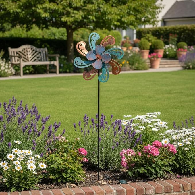 2 Packs Outdoor Metal Wind Spinner, Brown Wind Sculptures Windmill with Stake,Kinetic Yard Art Decor Pinwheels for Garden Outside Patio Lawn