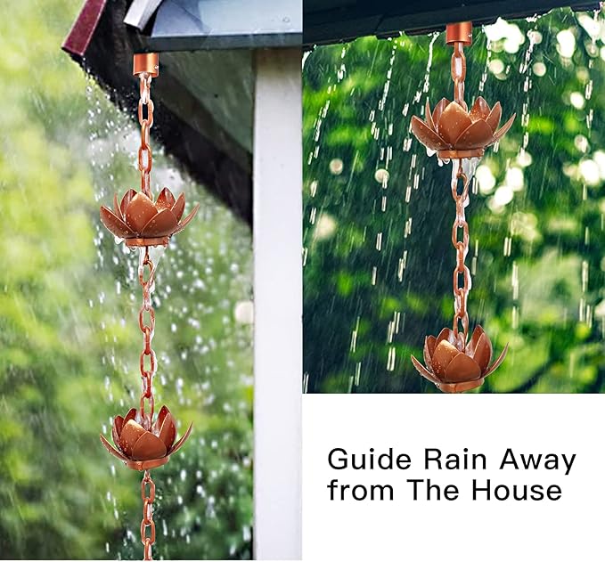 Rifachua 8.5ft Lotus Rain Chain for Gutters Downspouts Outside with Rain Chain Anchor Anchoring Stake Base Copper