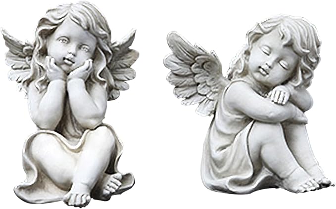 Napco Imports Whimsical Cherubs Concrete Look 5.75 x 7 Resin Stone Garden Figurines, Set of 2