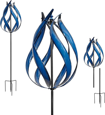 Large 3D Ice Blue Fire Flame Wind Spinner – Metal Kinetic Sculpture for Outdoor Garden, Yard & Patio – Decorative Spinning Art, Wind Catcher Chaser Spinner, Lawn Ornament, Motion Decor – 19" W X 90" H