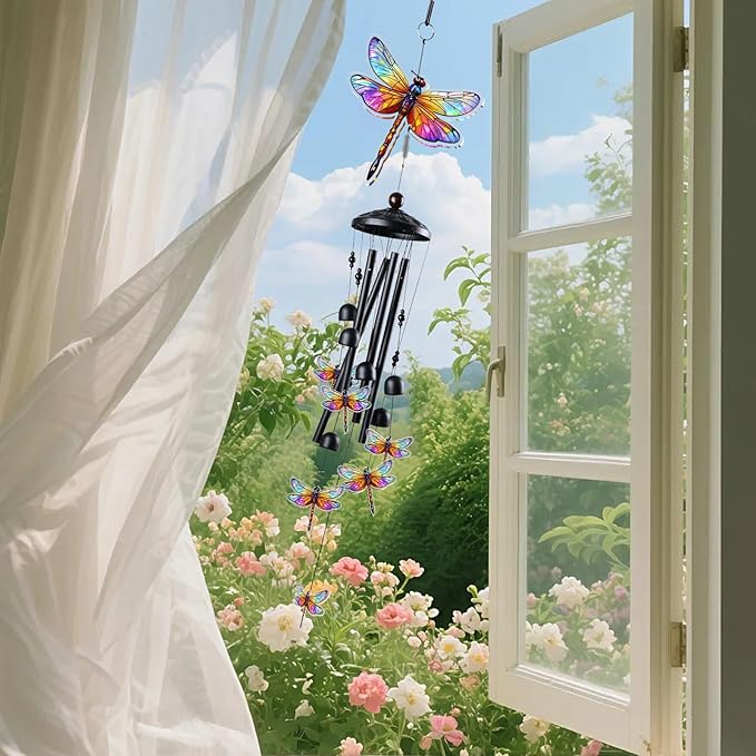 Dragonfly Wind Chimes for Outside, Black Metal Acrylic Windchimes Outdoors, Dragonflies Gifts for Women Men, Garden Yard Decor, Memorial/Birthday Gifts for Grandma Mom, Durable Chimes for Outdoors