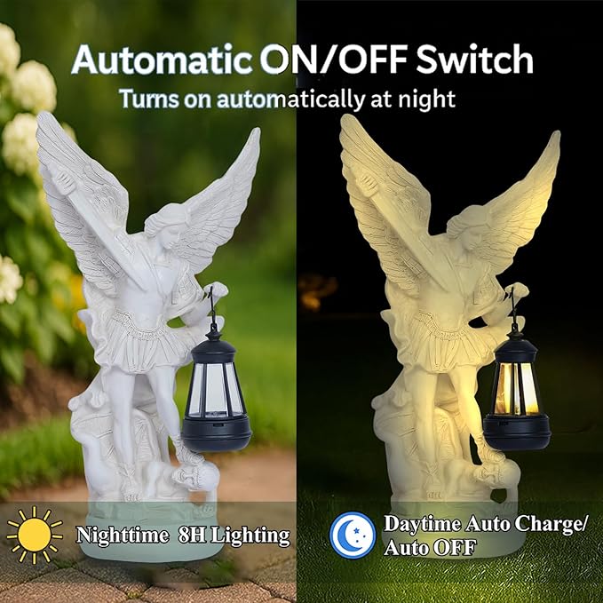 Solar San Miguel Arcangel Outdoor Garden Decor Statues 12.4" Solar St Michael the Archangel Satue for Yard Patio Lawn Porch Decorations Resin St Michael Figurine Religious Collection Sculptures Gifts