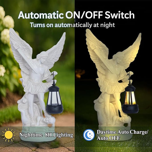 Solar San Miguel Arcangel Outdoor Garden Decor Statues 12.4" Solar St Michael the Archangel Satue for Yard Patio Lawn Porch Decorations Resin St Michael Figurine Religious Collection Sculptures Gifts