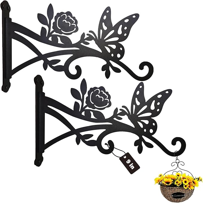 2 Pcs Wall Plant Hanger Indoor & Outdoor - 9 in Metal Hanging Plant Bracket with Butterfly Pattern - Anti Rust Plant Hooks for Hanging Plants,Flower Baskets,Bird Feeder