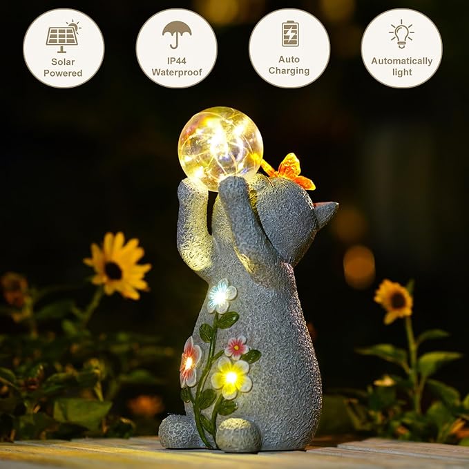Solar Cat Outdoor Garden Statues : Outside Decor with Lights Clearance for Yard Art Lawn Ornaments Porch Patio Balcony Home House - Birthday Gifts for Grandma Mom Women