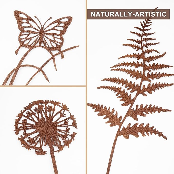Set of 6 Metal Flowers for Outside, Metal Flowers Garden Outdoor Yard Ornaments Decor Plant Fairy Garden Stakes Yard Art Plant Decorations for Pots Accessories Lawn Ornaments