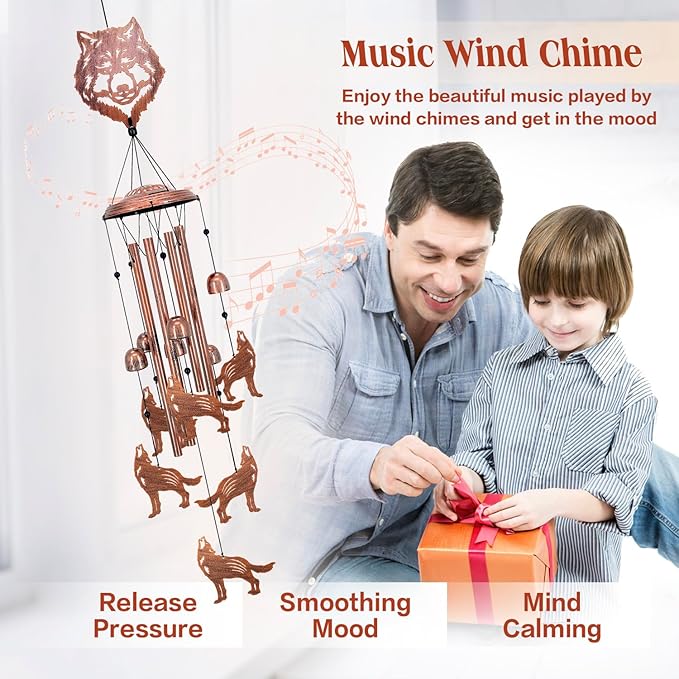 Wolf Wind Chimes for Outside,Wolf Gifts for Men Women/Memorial Gift/House Warming Gift/Birthday Gifts Metal windchimes Outdoors/Indoors,Garden Decor,Patio,Home,Porch,Yard Decorations