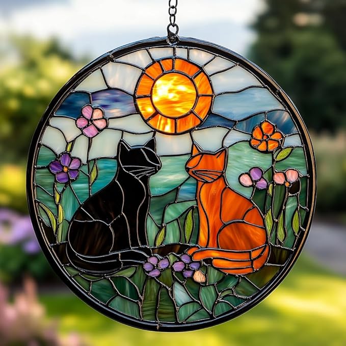 Vivid Cat Mosaic Art Acrylic Suncatcher Stained Glass Effect Window Car Hanging Christmas Ornament Indoor Outdoor Decor Garden Sun Catcher Panel Gifts for Cat Lover for Women Mom Grandma