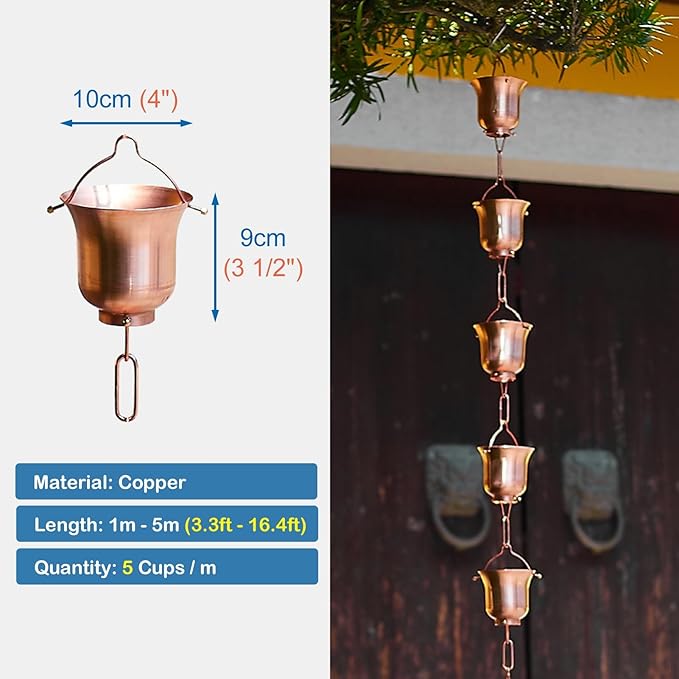 Elegant Copper Rain Chain Large Cup, Replacement Downspout for Gutters, Outside Rainwater Catcher Diverter for Villa/Deck/Pergola (Style F 2.6m (8.5ft))