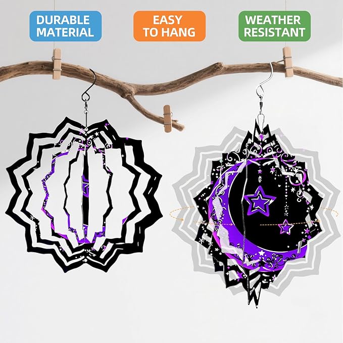 8 Inch Sublimation Wind Spinner, 3D Aluminum Metal Wind Spinner with Hook, Indoor Yard Garden Hanging Decoration, Weather Resistant Rotating Spiral Ornament, Purple Moon and Stars