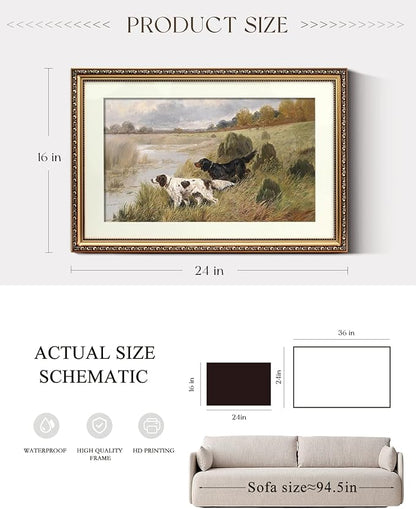 ARPEOTCY Vintage Gold Framed Large Wall Art, Retro River Dog Landscape Paintings, Canvas Prints Artwork with Antique Frame, Victorian Wall Picture Decor for Room Gallery Living Room, 16x24 inch