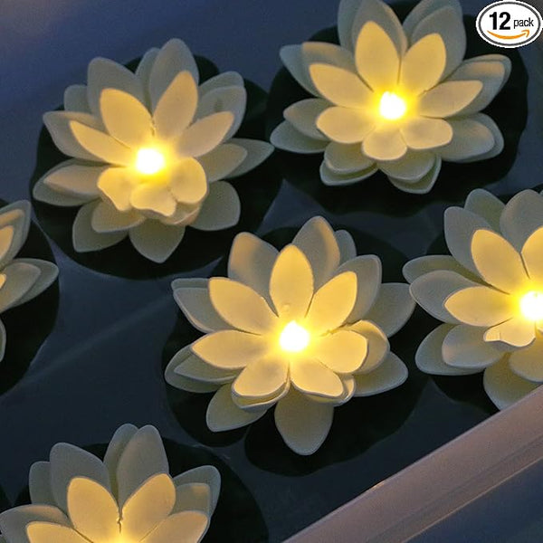 LACGO 12 PCS Waterproof Floating Lotus Light - Floating Flower Light Battery Operated Water Activated Warm White Pool Flower Lamp Wedding,Anniversary,Garden Decoration