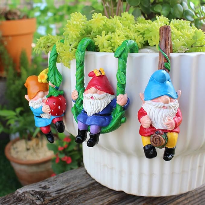 Set of 3 Cute Climbing Gnome Figurines Flower Pot Hugger, Resin Hanging Gnomes Statue Outdoor Decor Fence Ornaments for Patio Lawn Garden Yard (Swing Gnome)